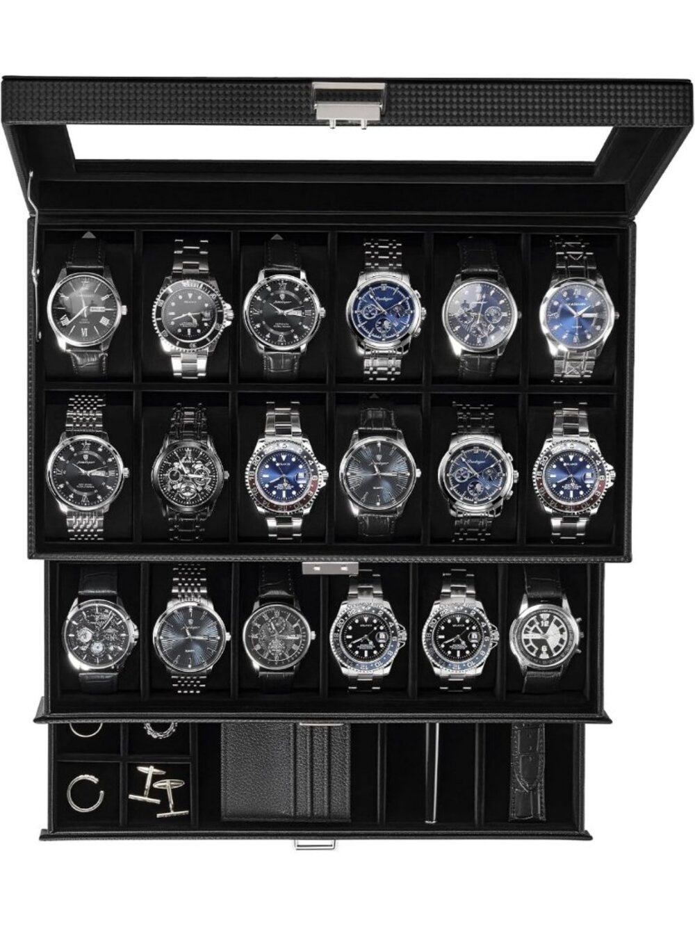 Large 24-Slot Watch Box for Men, Stylish Black Organizer, Perfect Gift